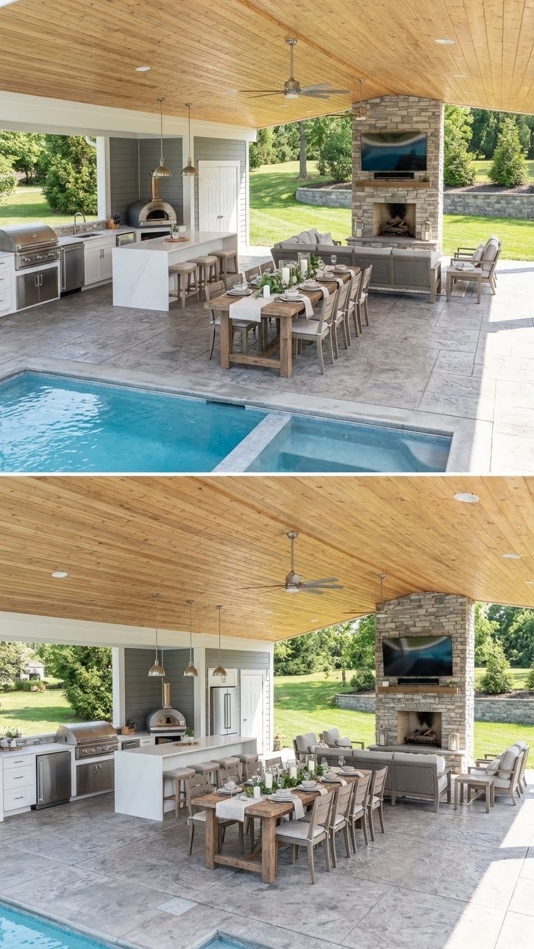 Outdoor Kitchen Pool Area Design Ideas For Luxury Entertaining 12 Expansive outdoor pavilion with kitchen, dining, and lounge zones next to large rectangular pool