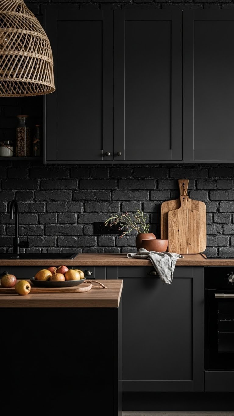 Dark Kitchen Aesthetic Secrets To Chic Home Design 11 Exposed brick kitchen wall contrasts with matte black cabinetry, rustic cutting board, and basket weave light. Textural dark kitchen.