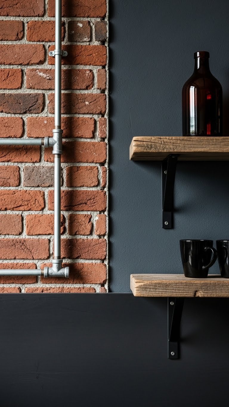 Exposed brick kitchen wall, piping, metal accents. Reclaimed wood shelves, industrial style.