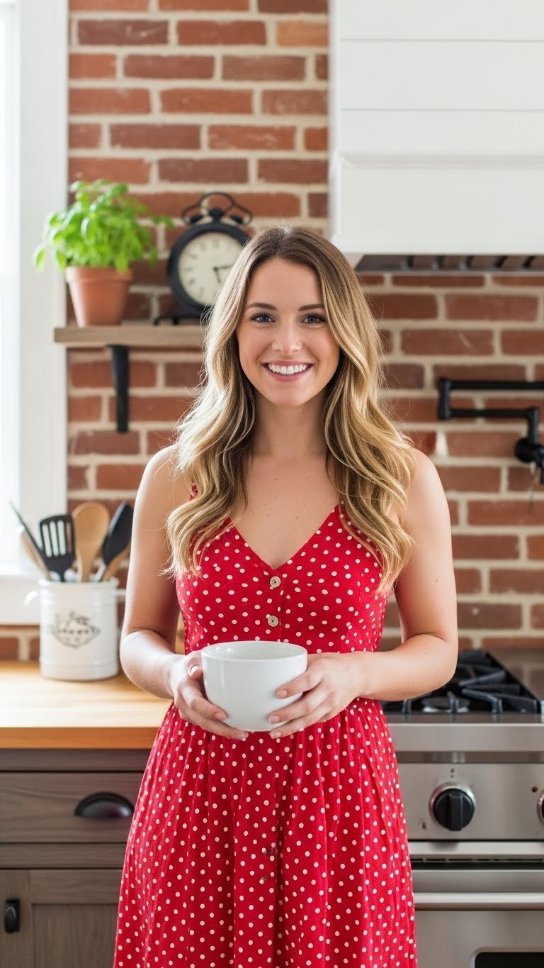Exposed brick wall backsplash with rustic shelving and potted herb in U-shaped kitchen