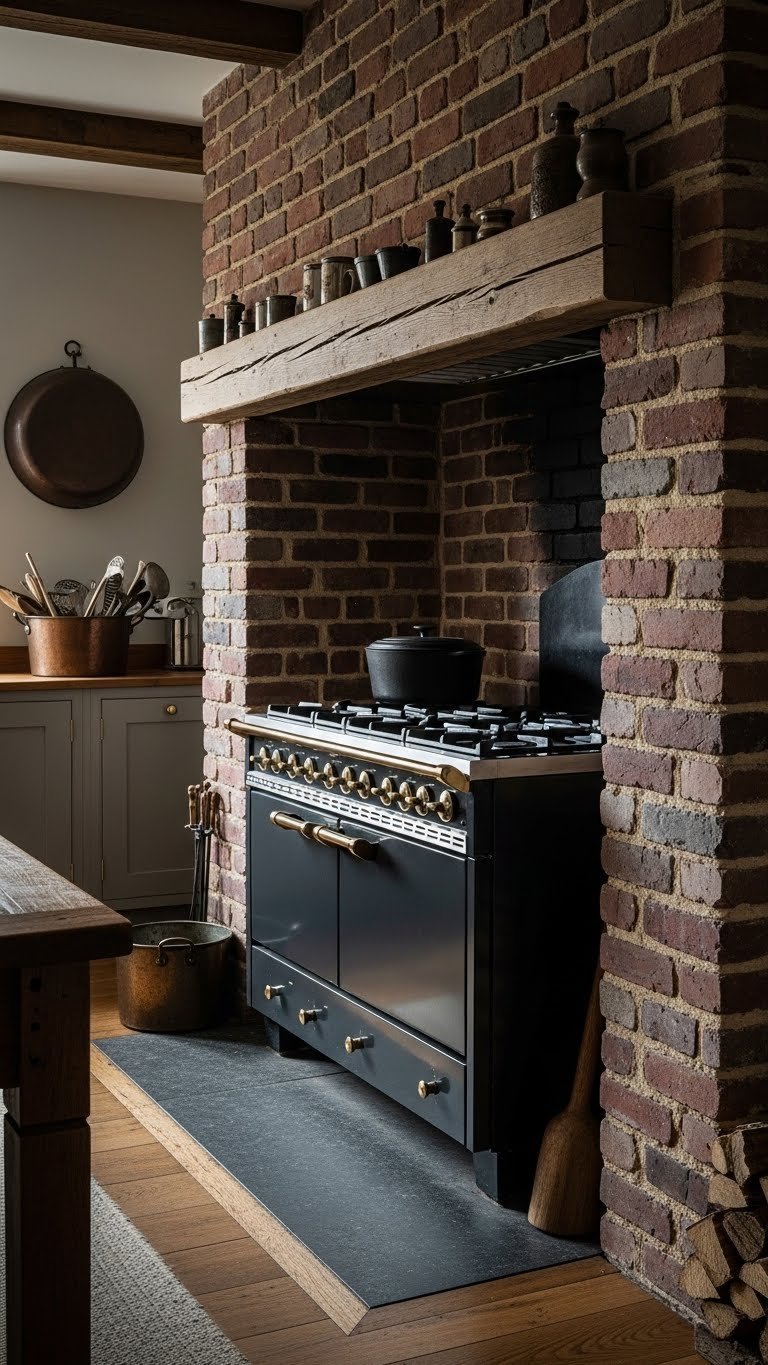 Exposed brick wall section behind range cooker with stone fireplace hearth in rustic farmhouse kitchen setting
