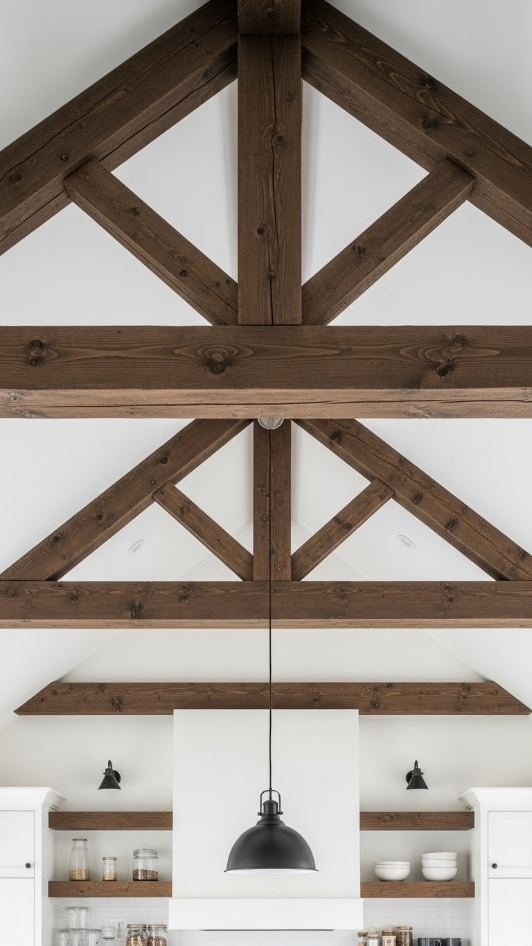 Exposed wooden ceiling beams creating dramatic architectural detail in rustic kitchen interior