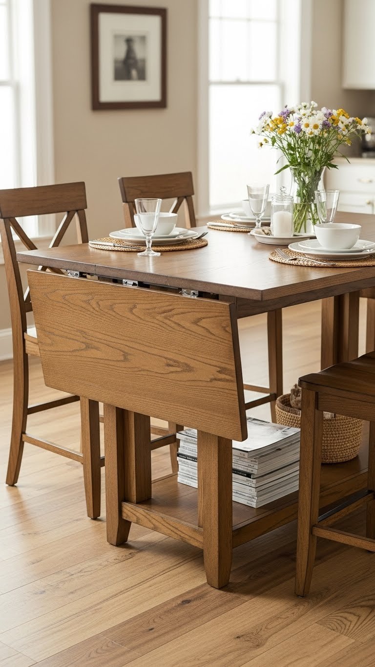 Extendable drop-leaf rustic kitchen island with seating for multiple people in warm natural lighting