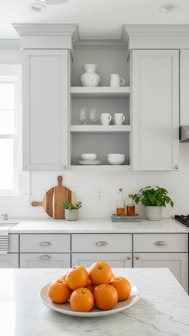 Extended ceiling-height cabinets in a small 60s kitchen with soffit removal, showcasing vertical storage and clean modern design.