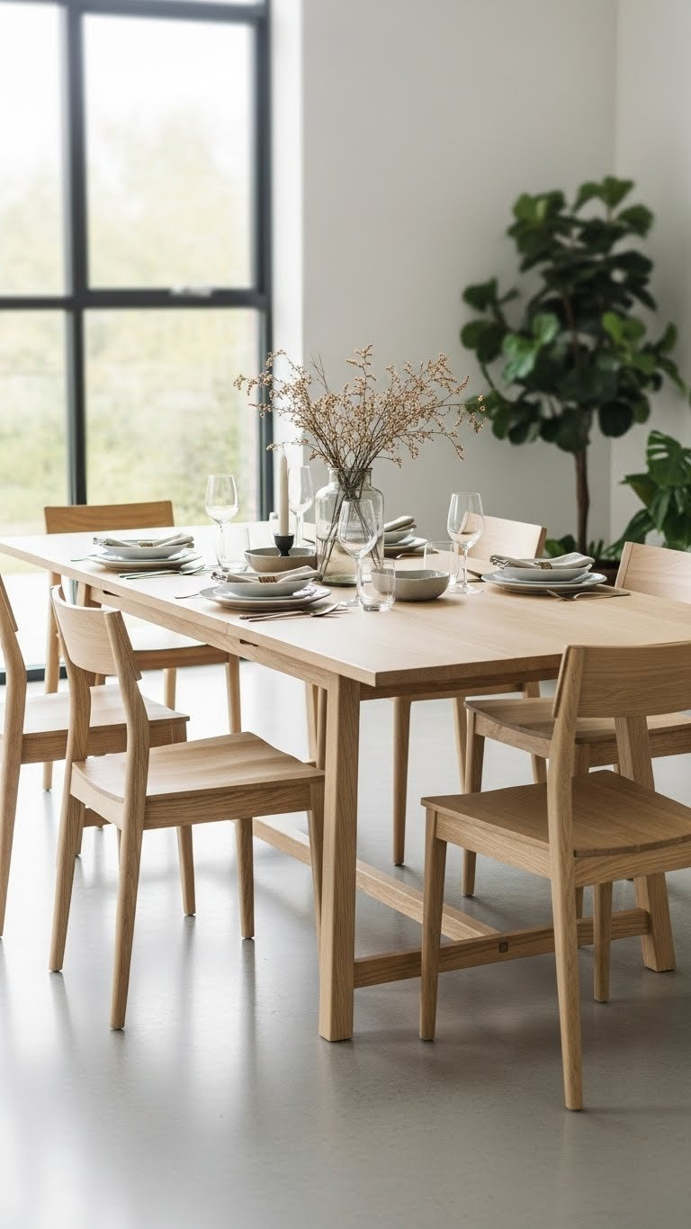 Extended rectangular scandi dining table seating six with minimalist chairs in modern open-plan living area with glassware.