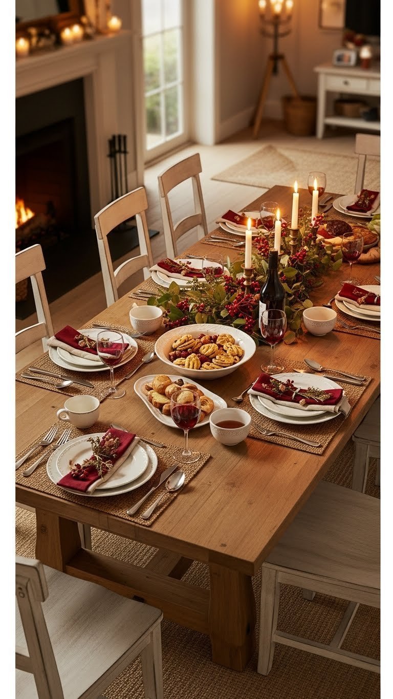 Extended rustic dining table with festive farmhouse place settings ready for family gathering in warm dining room