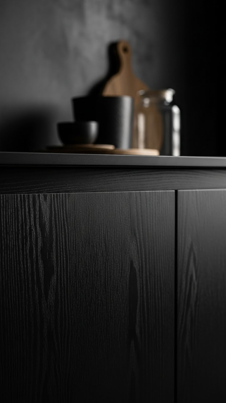 Extreme close-up of a sophisticated textured black kitchen cabinet surface, highlighting deep black wood grain veneer detail.