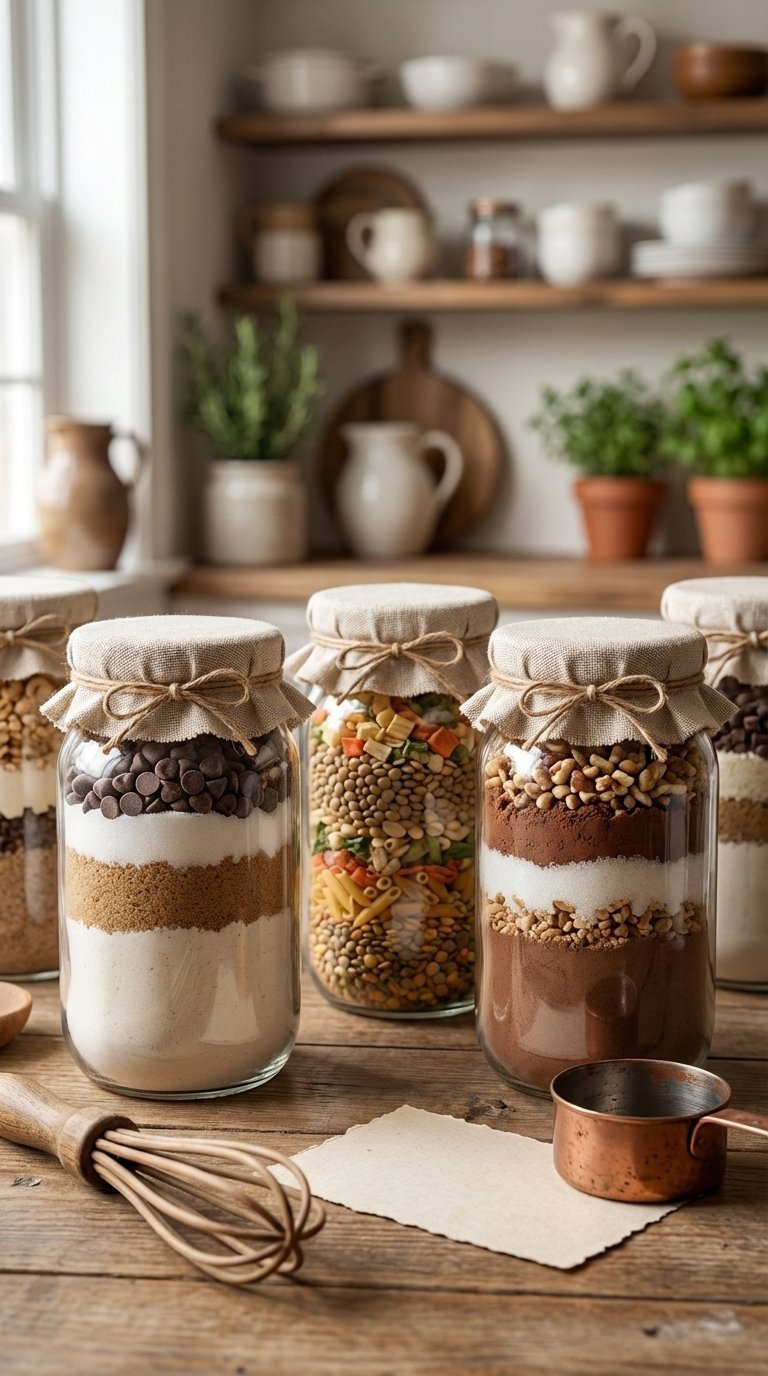 Easy Diy Kitchen Gifts: 11 Ideas That Look Pro &Amp; Cost Less 7 Eye-level close-up of layered dry mixes in mason jars with cookie ingredients and fabric lids on rustic wooden table.