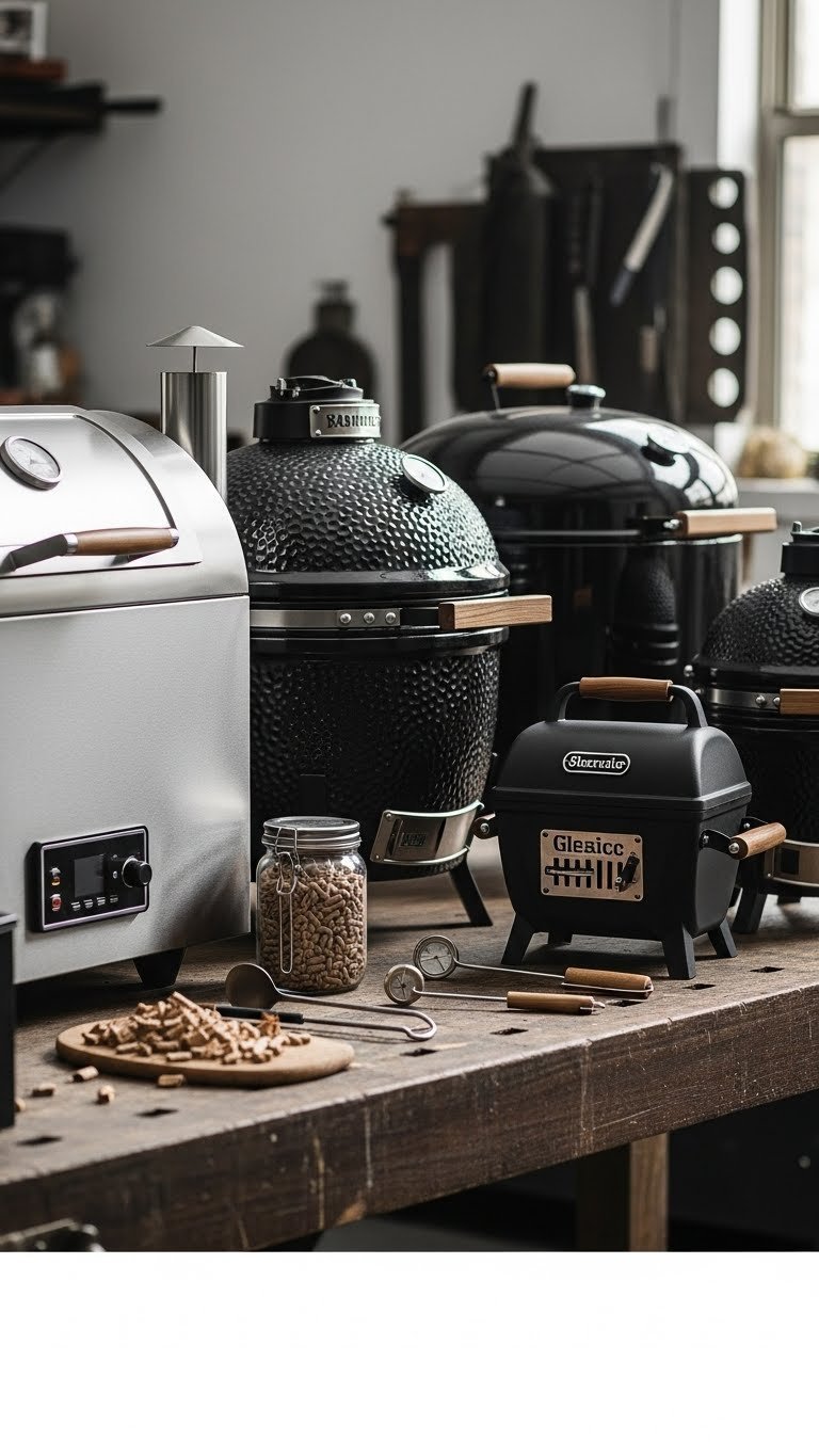 Outdoor Kitchen With Smoker: Ultimate Design &Amp; Build Guide 3 Eye-level close-up of various outdoor smoker types including pellet, charcoal, offset, electric, and kamado models on a concrete surface.