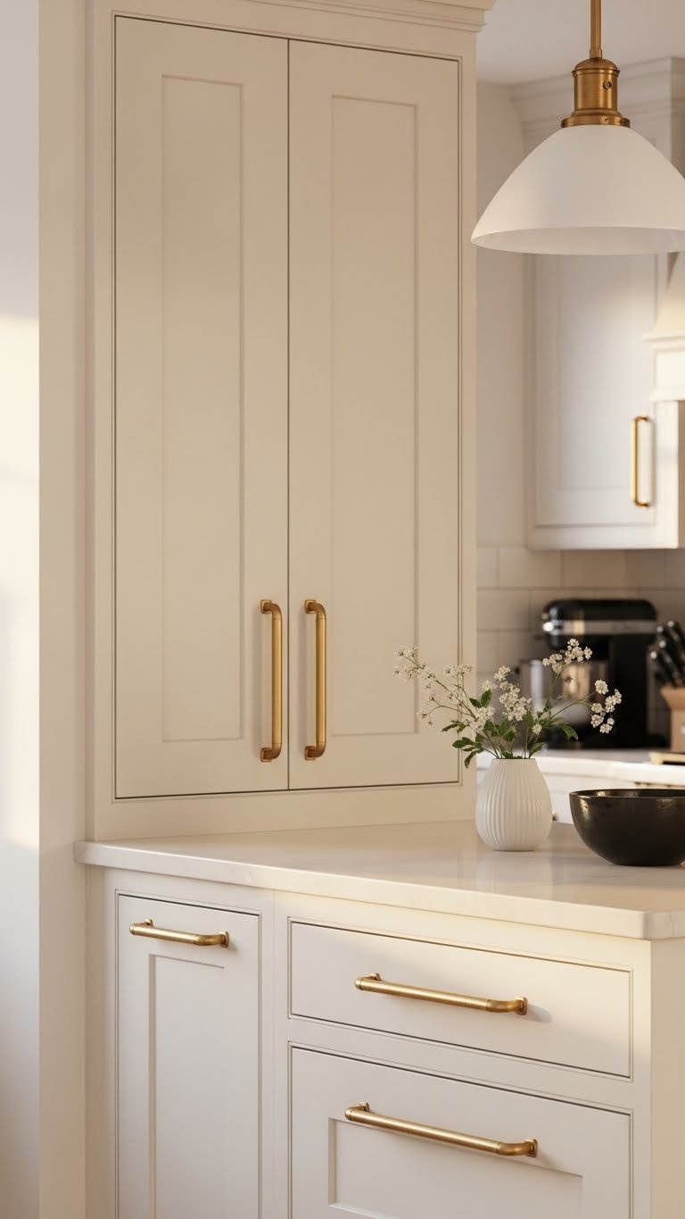 Eye-level shot of cream Shaker cabinets with brass hardware and pendant lighting creating elegant modern kitchen aesthetic