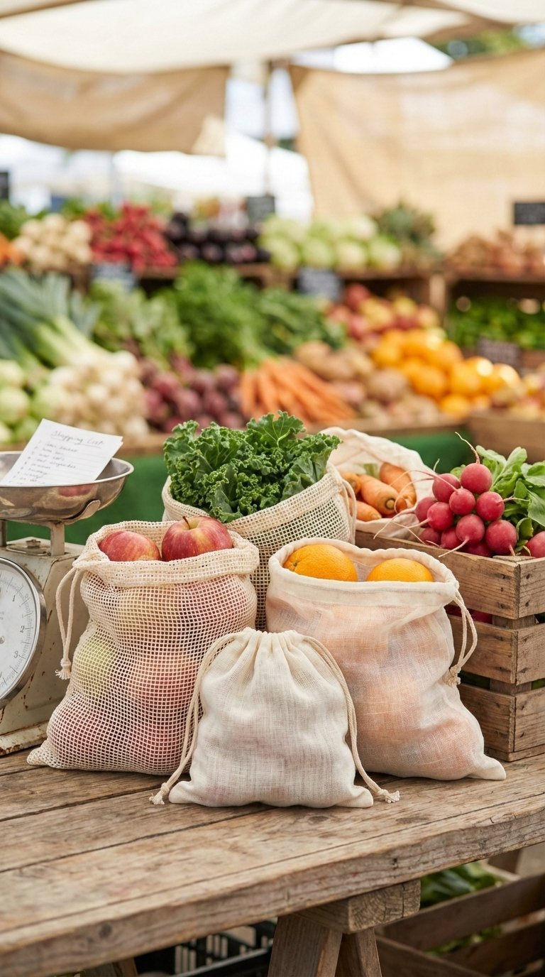 Easy Diy Kitchen Gifts: 11 Ideas That Look Pro &Amp; Cost Less 17 Eye-level view of reusable produce bags filled with fresh fruits and vegetables at outdoor farmer's market setting.