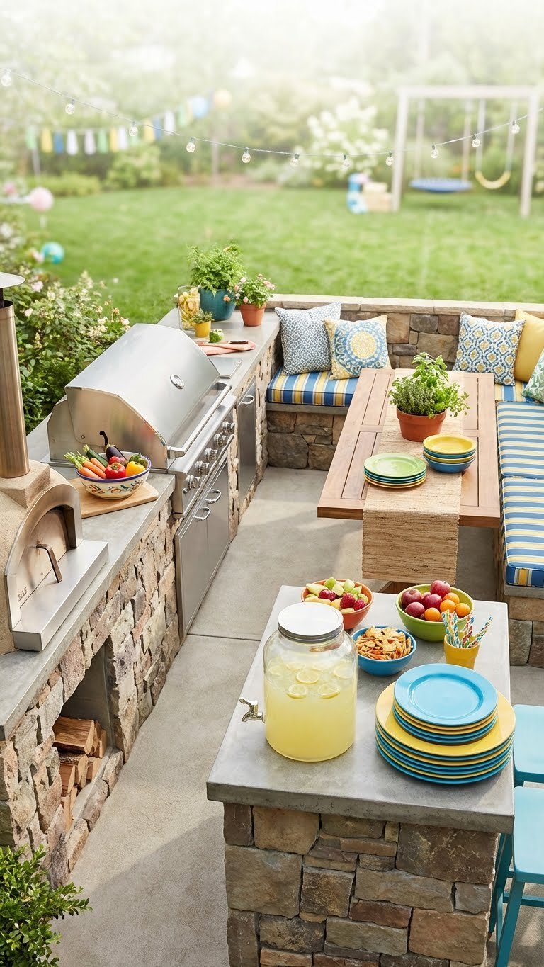 U-Shaped Outdoor Kitchen Design: 7 Ideas For Your Backyard 8 Family-friendly multi-zone U-shaped outdoor kitchen with cooking station, snack bar, and comfortable built-in seating area.