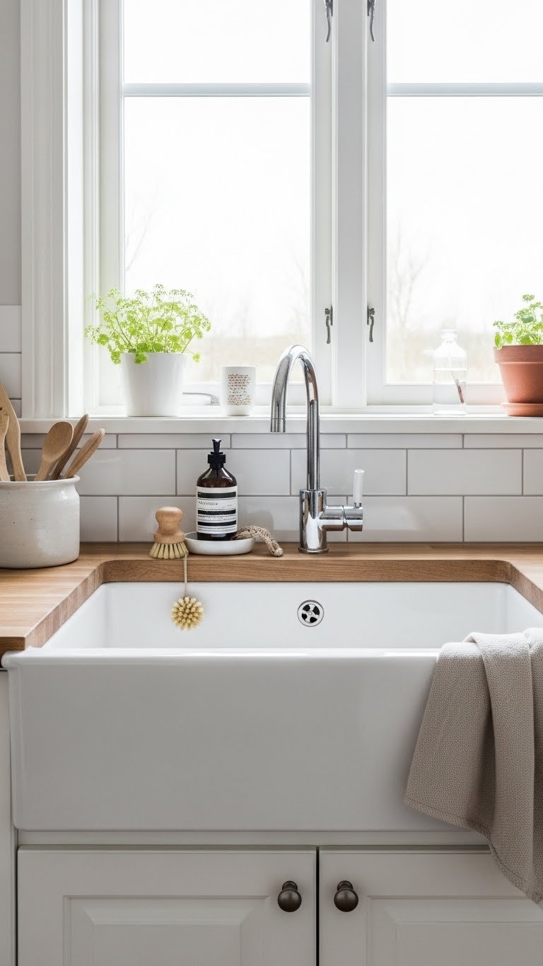 Farmhouse apron-front sink with minimalist faucet on wooden countertop and subway tile backsplash