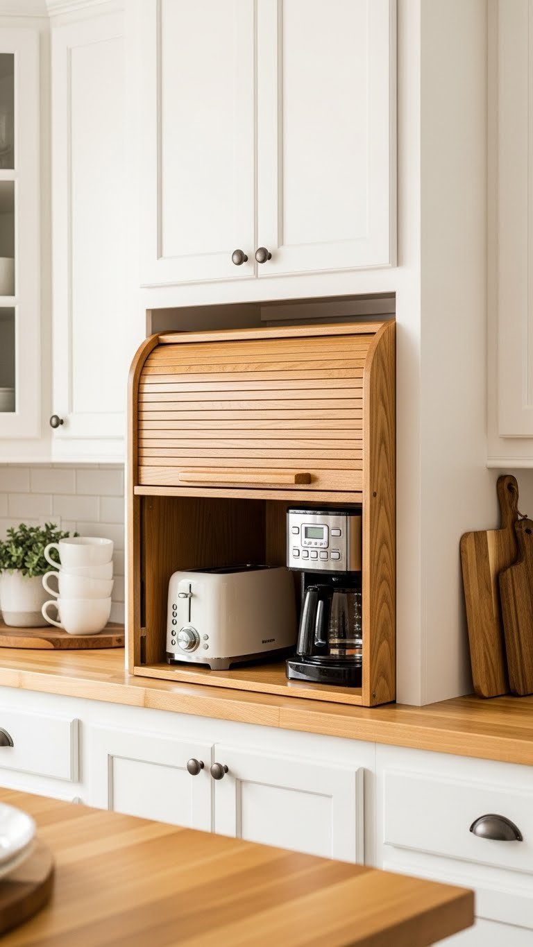 11 Farmhouse Kitchen Pantry Ideas: Design, Organize, &Amp; Style 11 Farmhouse kitchen appliance garage with a roll-up door concealing a toaster and coffee maker on a butcher block.