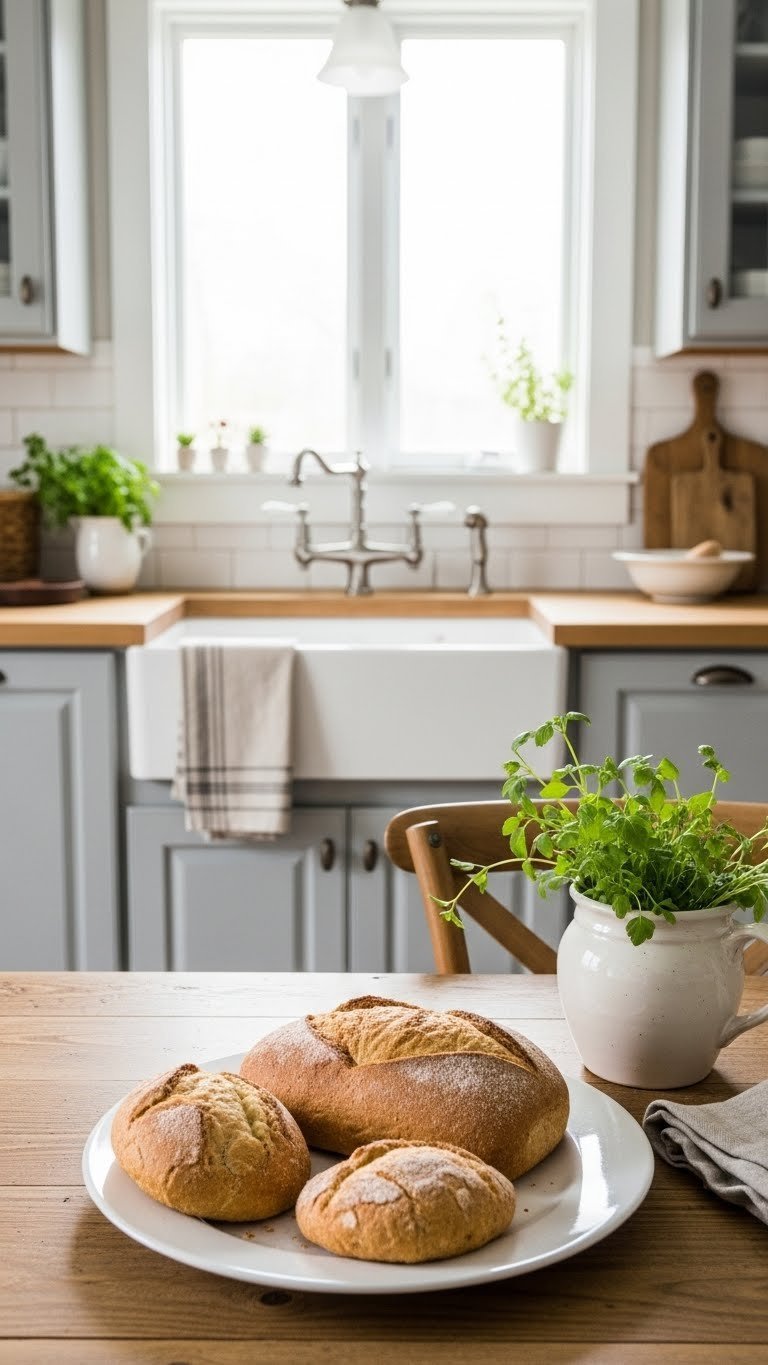 Farmhouse kitchen with light gray distressed cabinets, white farmhouse sink, and natural wood butcher block countertops in warm lighting
