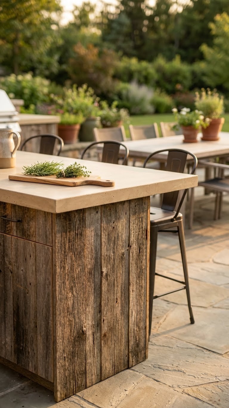 Farmhouse outdoor kitchen island with reclaimed barn wood countertop and bar stools on a stone patio