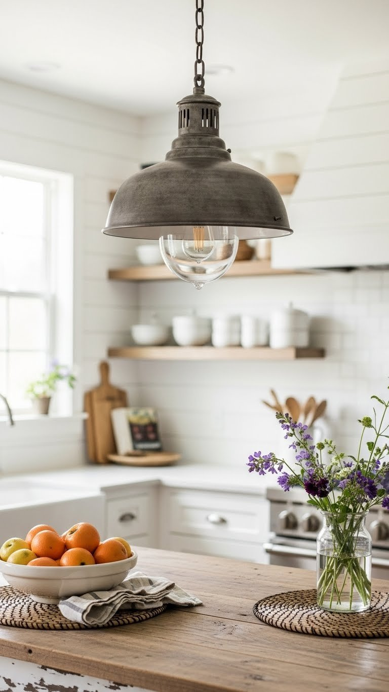 Farmhouse rustic pendant light with weathered metal finish hanging over distressed wooden kitchen island in cozy interior