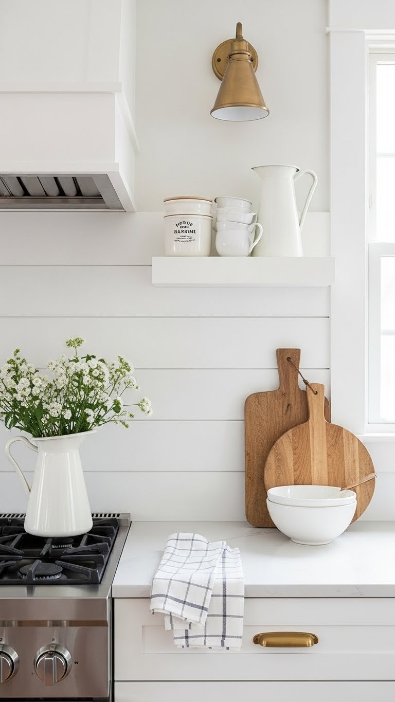 Farmhouse shiplap backsplash with clean white panels and minimalist symmetrical kitchen design