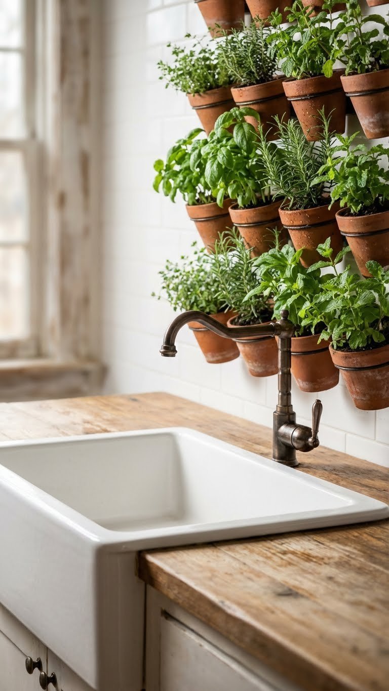 Farmhouse sink station with vertical herb garden wall featuring basil, rosemary, and mint in terracotta pots.