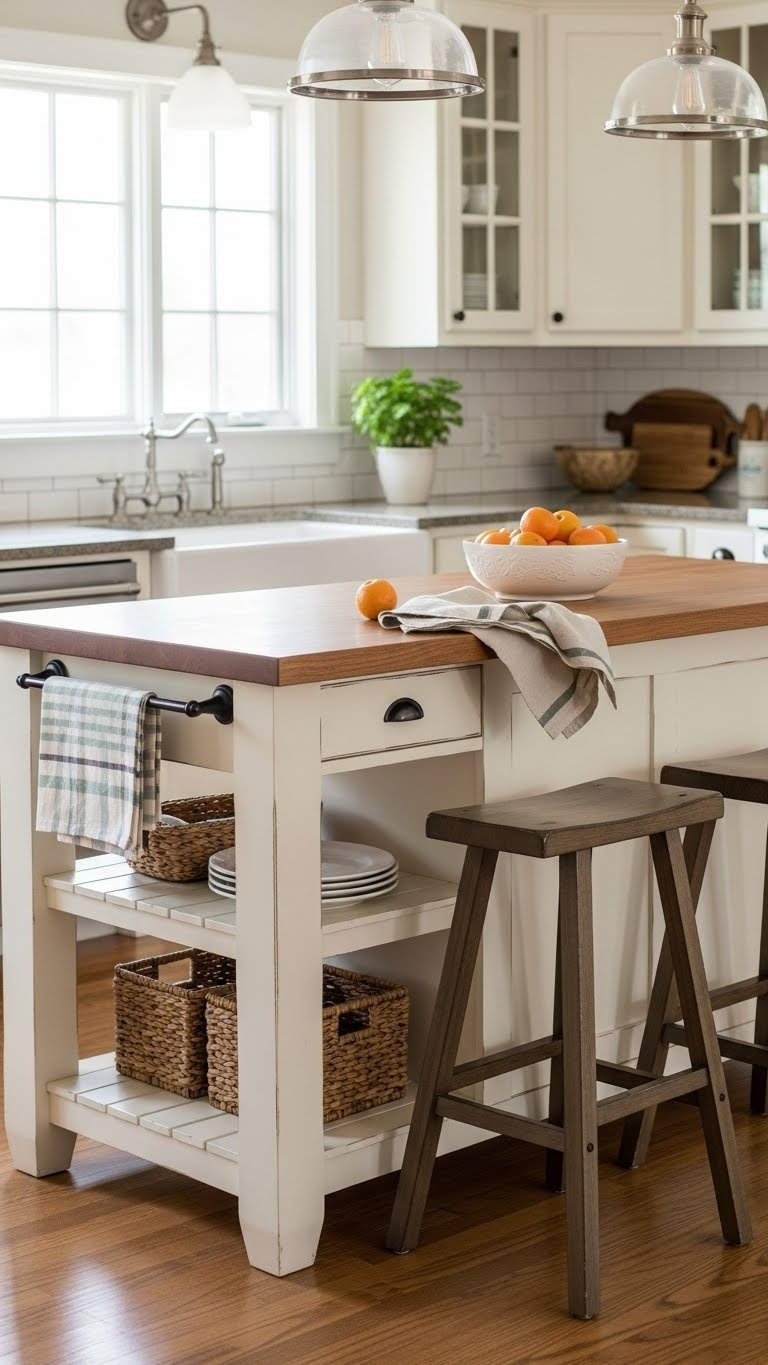 Farmhouse style kitchen island with natural wood countertop and rustic bar stools