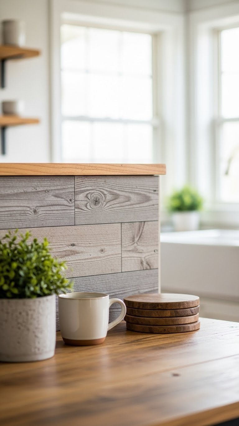 Faux barn wood panel backsplash with weathered gray tones and rustic farmhouse kitchen decor