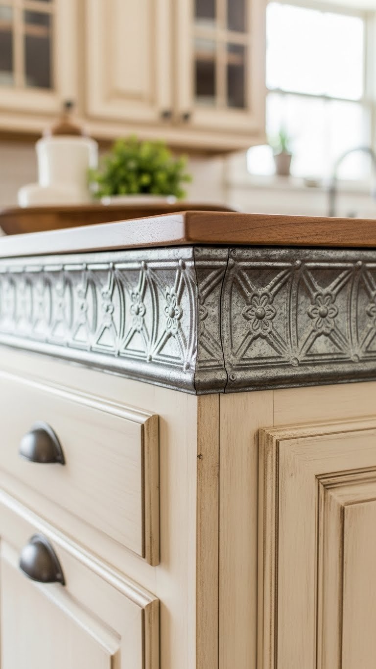 Faux tin crown molding trim on rustic kitchen cabinets with metallic gray accents and warm cream background details.