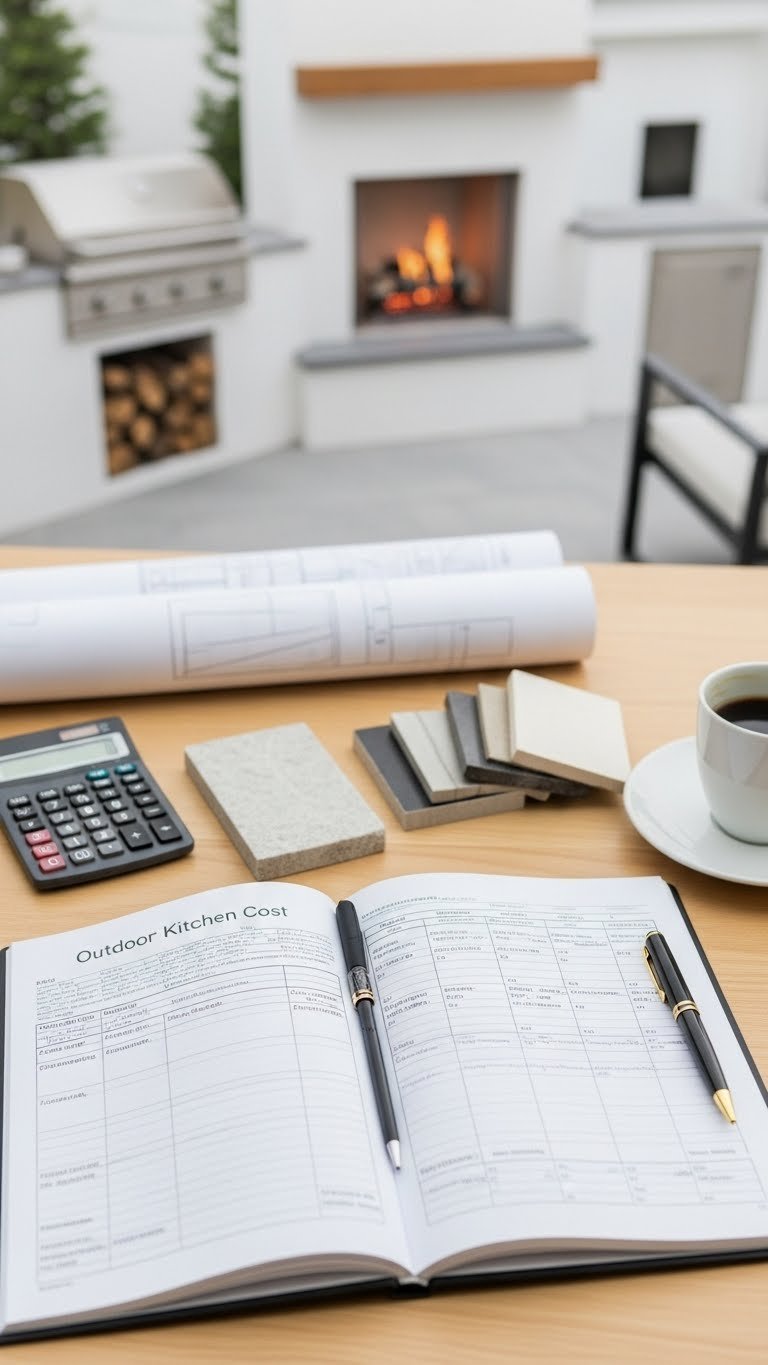 Financial planner spreadsheet detailing outdoor kitchen costs with design rendering visible in background