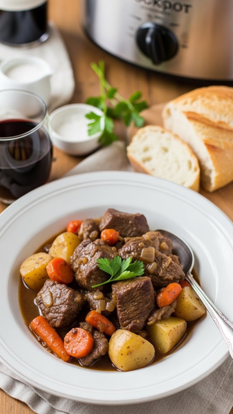 My Failproof Crockpot Stew Recipe For Easy Dinners 5 Finished crockpot stew in rustic bowl with beef carrots potatoes and parsley