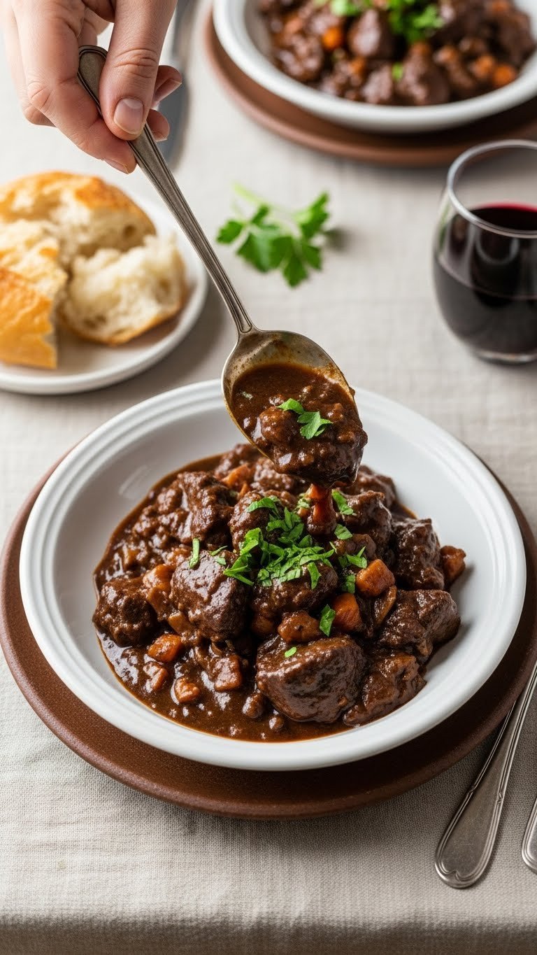 The Secret To A Melt In Your Mouth Venison Stew Recipe 13 Finished venison stew in bowl garnished with parsley and crusty bread