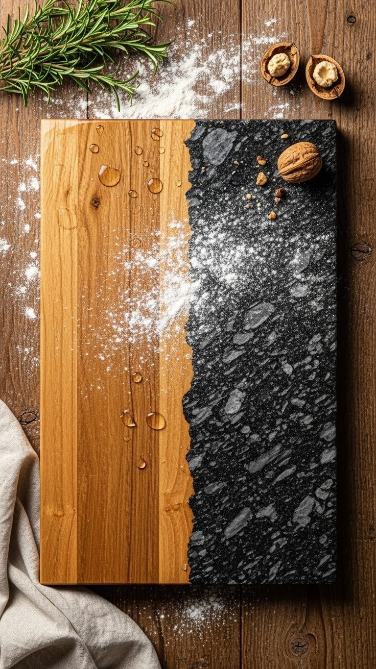 Flat lay comparison of raw butcher block and dark granite countertop samples over deep walnut cabinets, highlighting textures.