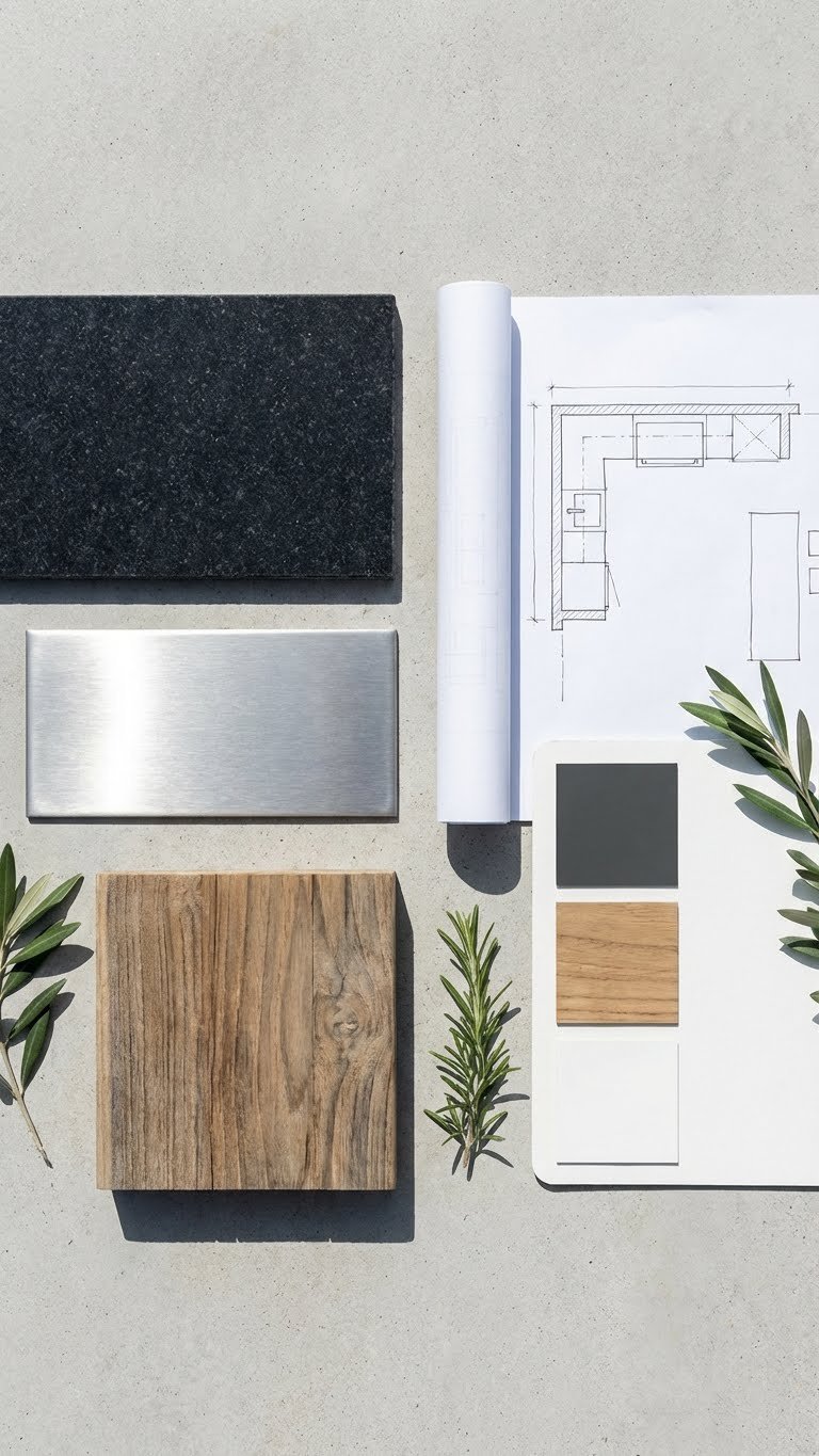 Outdoor Kitchen With Bar Complete Planning Design Guide 1 Flat lay mood board with dark granite, stainless steel, wood samples, architectural sketch, and plant clippings arranged on concrete surface