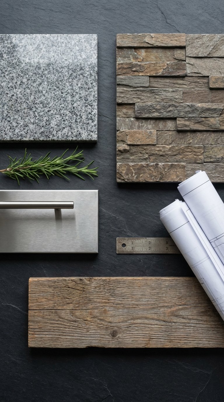 Outdoor Kitchen L Shape Complete Planning And Design Guide 4 Flat lay of outdoor kitchen material samples including granite, stacked stone, stainless steel, and reclaimed wood swatches