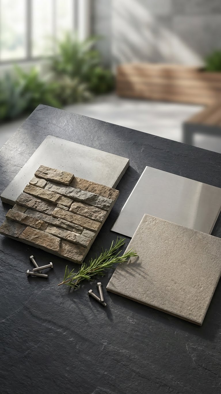 Outdoor Kitchen With Green Egg Design Build Cost Guide 3 Flat lay of outdoor kitchen material samples including stacked stone veneer, polished concrete, stainless steel, and porcelain pavers