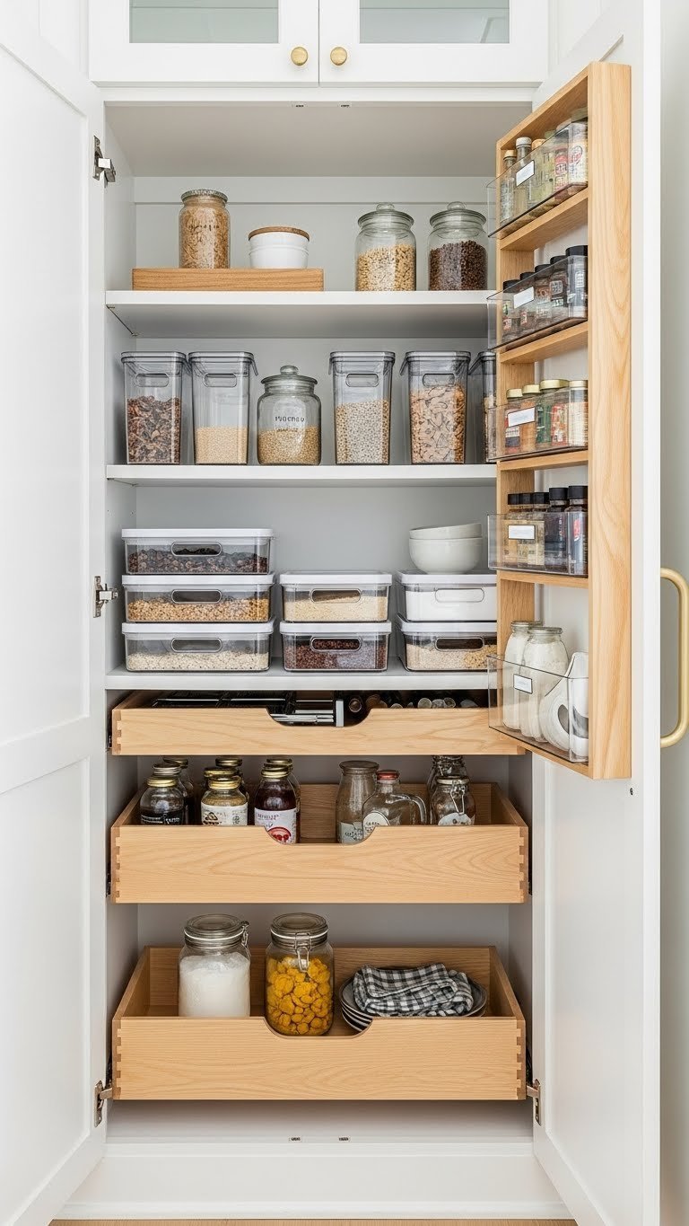 Butlers Pantry Ideas: Ultimate Plan, Design, Organize 8 Flat lay of smart butlers pantry storage with clear stackable bins, labeled spice racks, pull-out drawers, and organized glass jars.