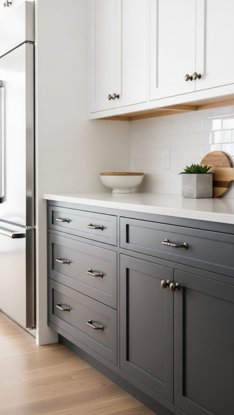 Rustic Modern Kitchen: 9 Ultimate Ideas To Transform Your Home 15 Flat-panel white and gray cabinets with distressed bronze pulls in minimalist modern kitchen design