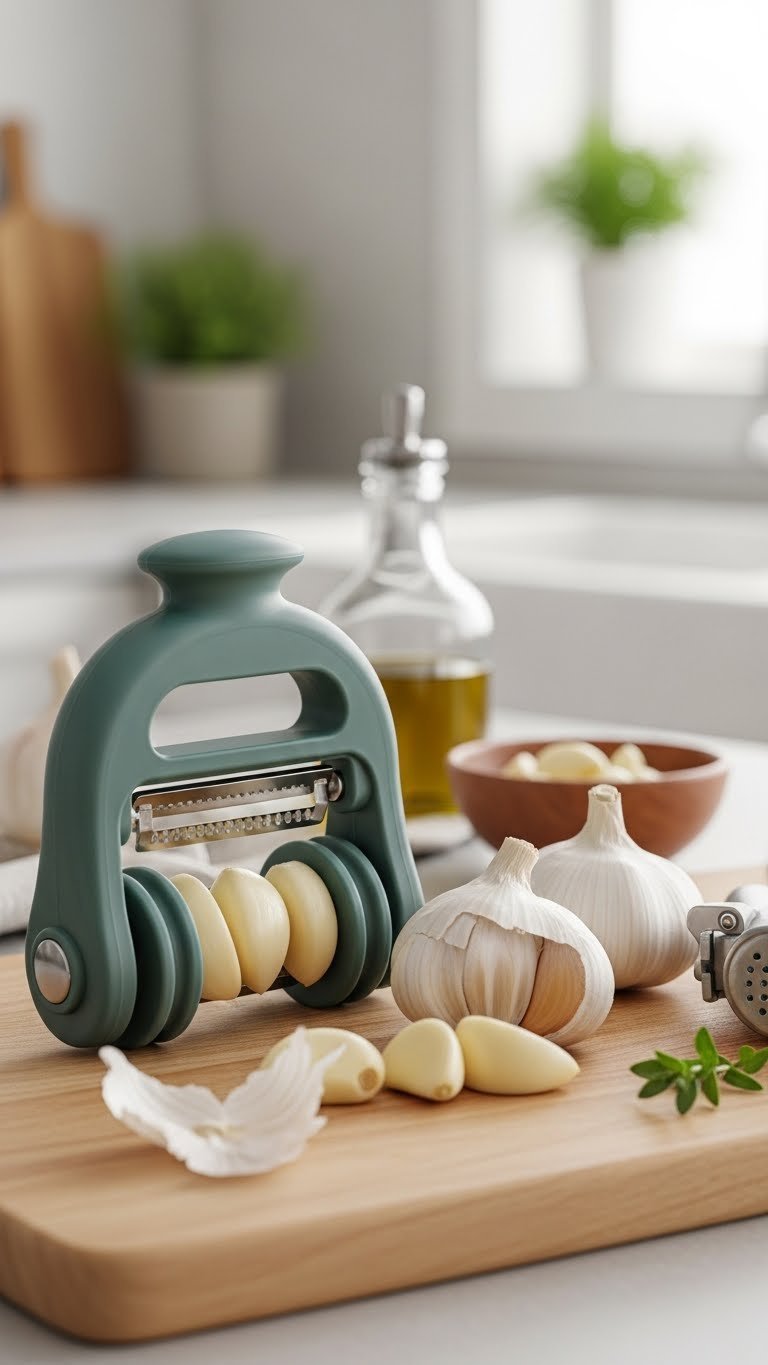 Flexible silicone garlic peeler with freshly peeled garlic cloves on a wooden cutting board