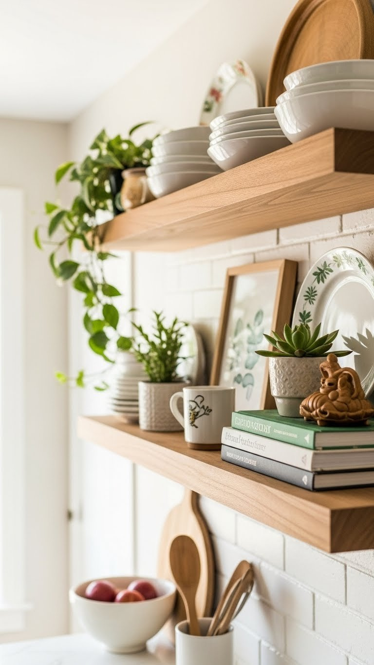 Floating shelves styled with curated kitchen decor, plants, and art in bright compact cooking area with natural daylight