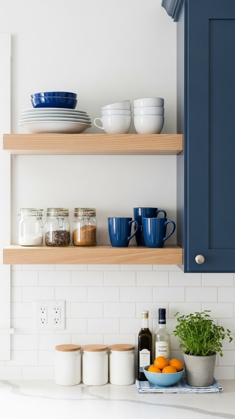 Floating shelves with minimalist blue dishware above navy blue kitchen cabinets creating an airy, uncluttered kitchen feel.
