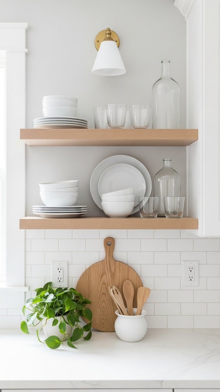Floating shelves with minimalist white dishes creating airy decluttered look in compact kitchen