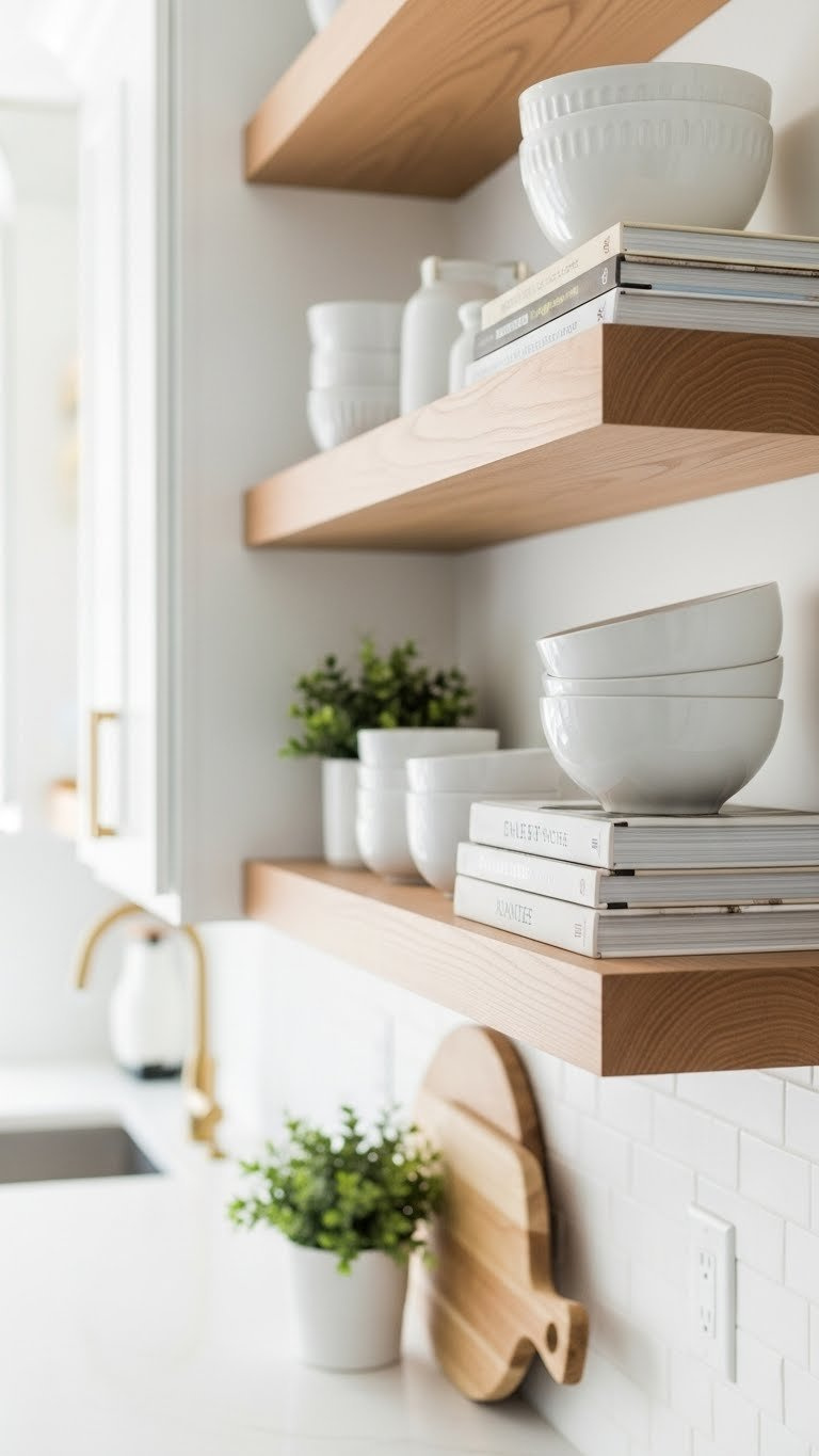 Floating wood shelves mounted on light-colored wall displaying minimalist decor and kitchen essentials for open feel.