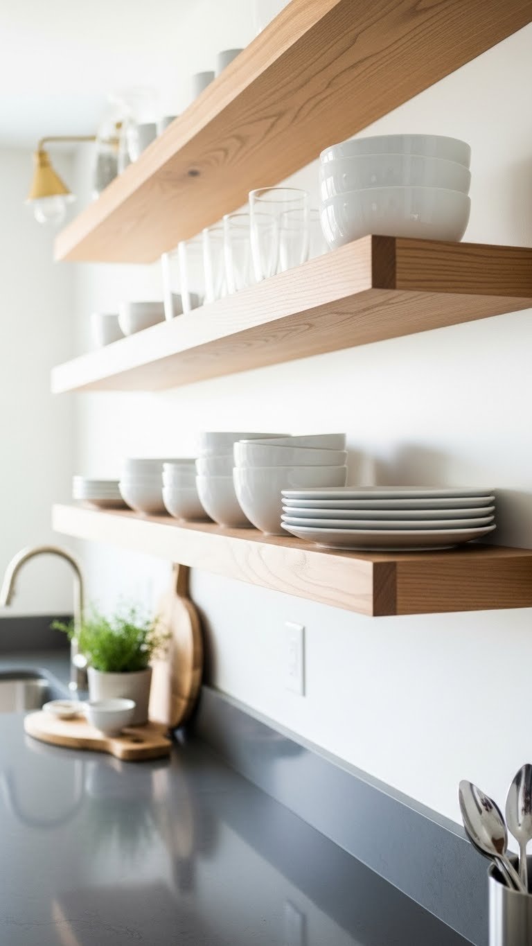 Small Kitchen Dark Countertops: 7 Ways To Transform Your Space 7 Floating wooden shelves displaying white ceramic dishes above dark grey quartz countertop in minimalist kitchen