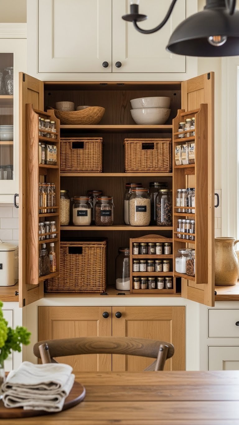 Floor-to-ceiling custom rustic pantry cabinet with wood doors, baskets, and organized spice rack interior