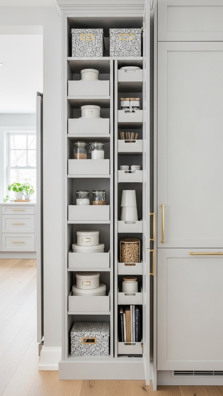 Floor-to-ceiling dove gray cabinetry with organized aesthetic storage boxes, maximizing space in a compact kitchen living area. Streamlined design.