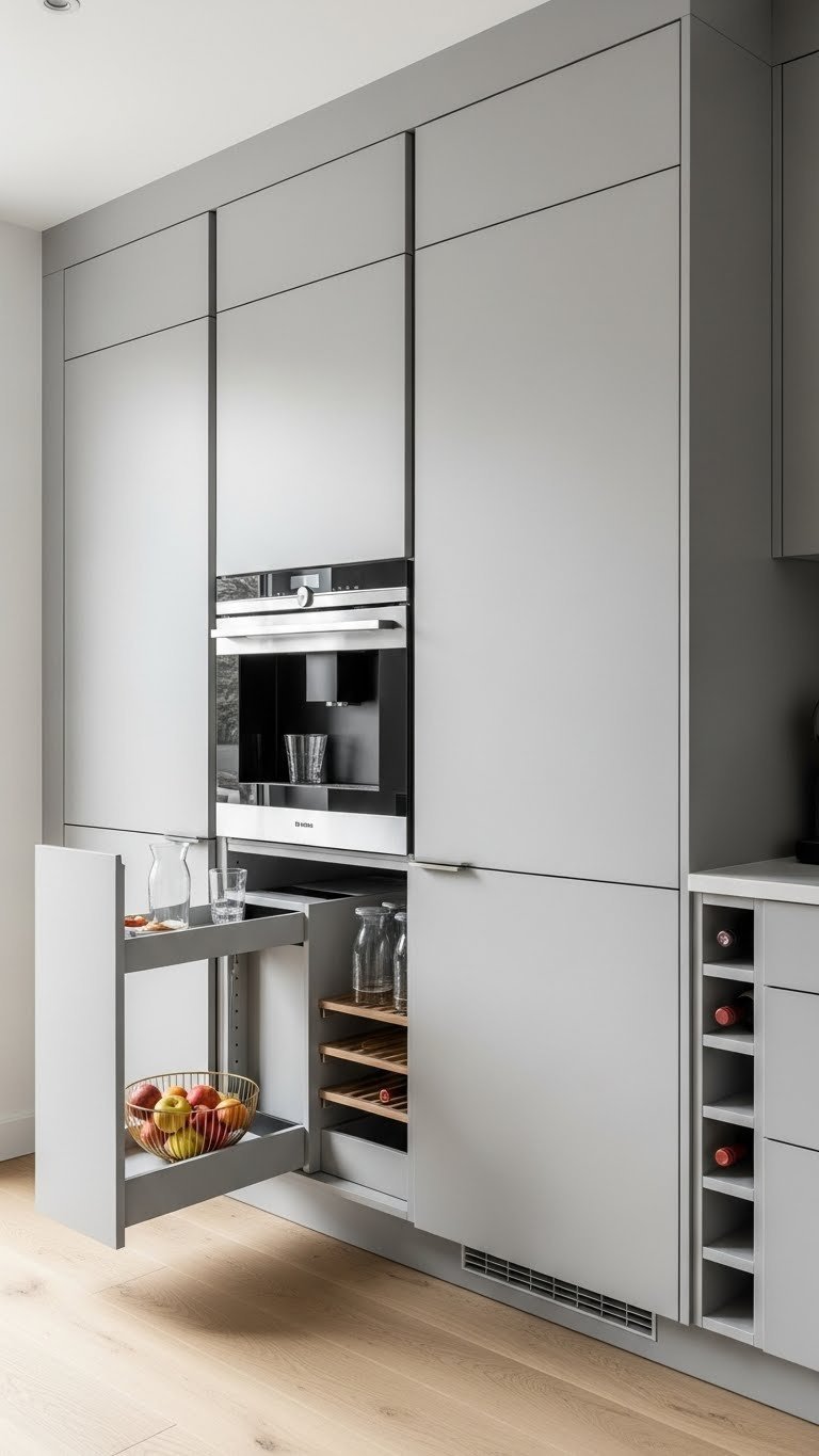 Floor-to-ceiling handleless pantry cabinets providing hidden storage solutions in light modern kitchen with natural wood tones