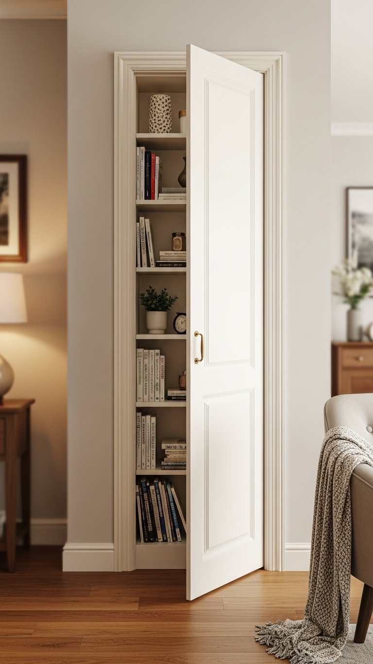 Floor-to-ceiling hidden bookcase pantry door, fully stocked with books and decor, slightly ajar in a living room, blending seamlessly.