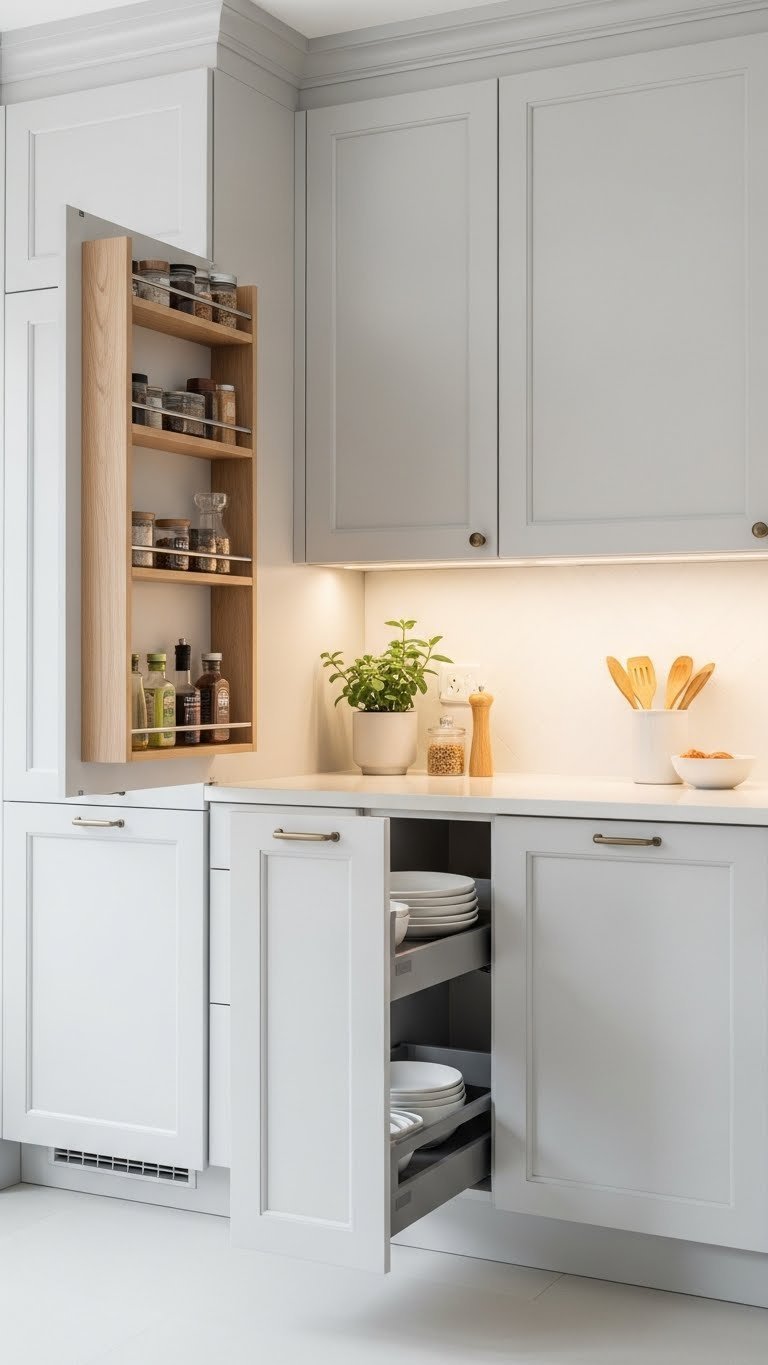 Floor-to-ceiling kitchen cabinets with integrated pantry pull-outs and organized storage