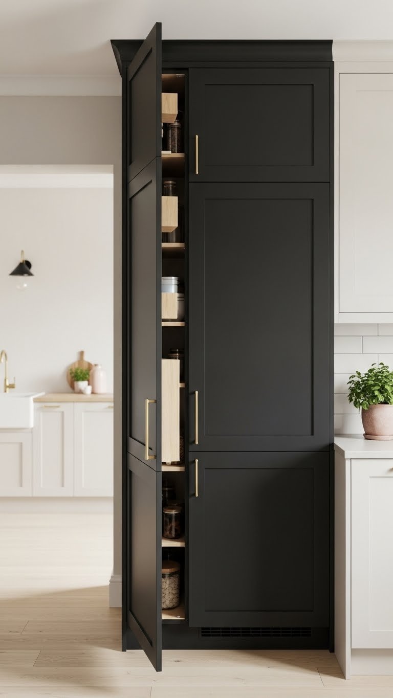 Floor-to-ceiling matte black pantry units with integrated handles in a minimalist kitchen with light wood floors and brass hardware