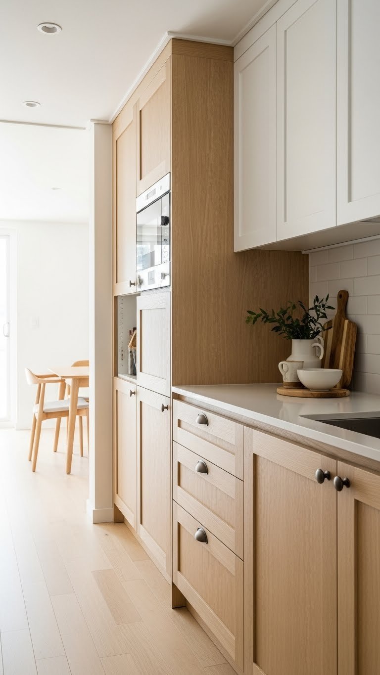 Floor-to-ceiling pale wood cabinets in narrow Korean kitchen with warm cream tones and minimalist symmetrical design