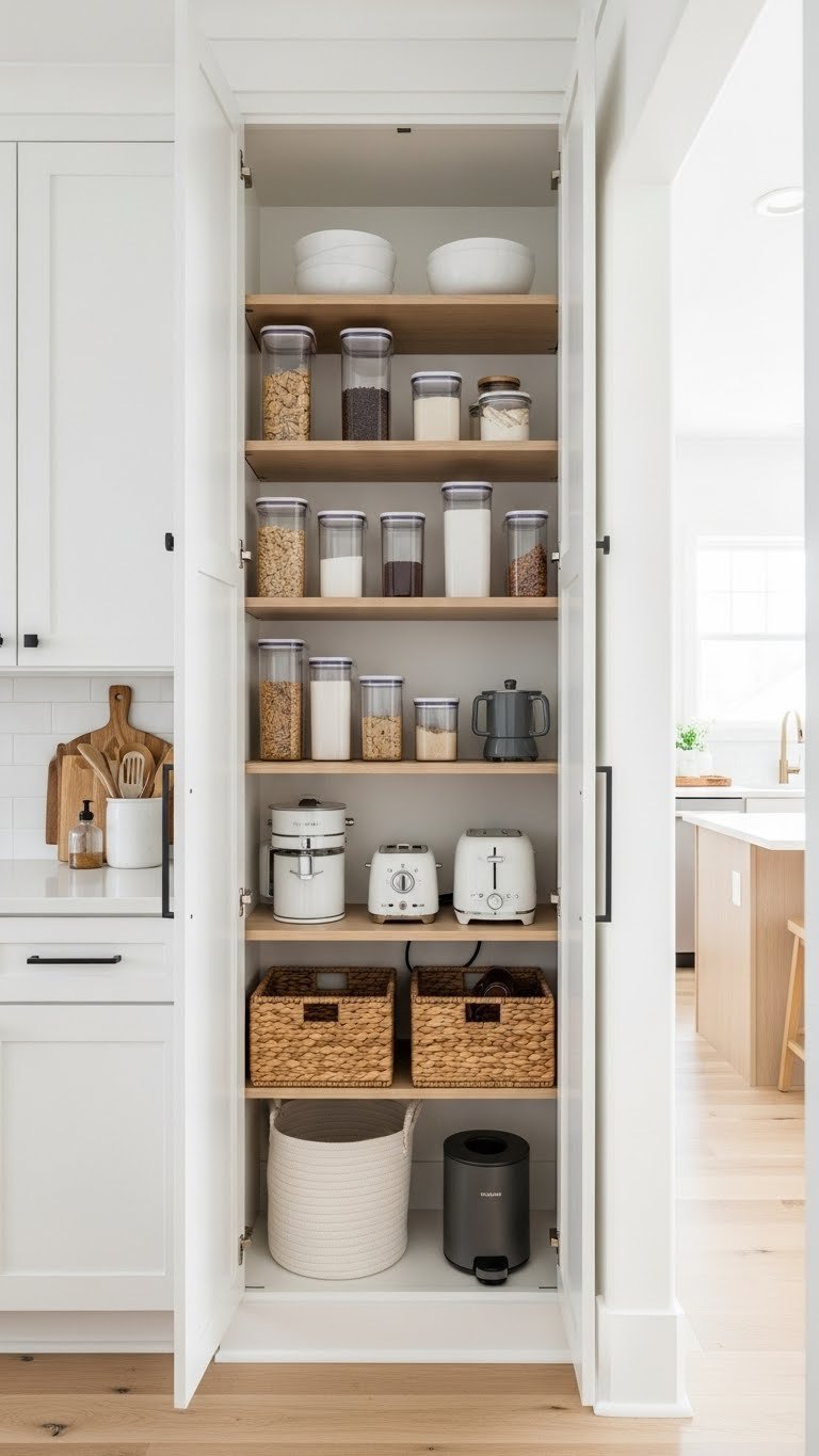 Floor-to-ceiling pantry shelving with clear containers and baskets on adjustable wooden shelves in a bright kitchen setting.