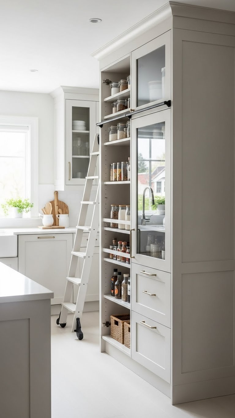 Floor-to-ceiling pantry tower with glass-front cabinets and open shelving providing vertical storage in a compact kitchen layout.